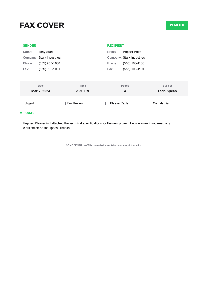 Grid layout fax cover page